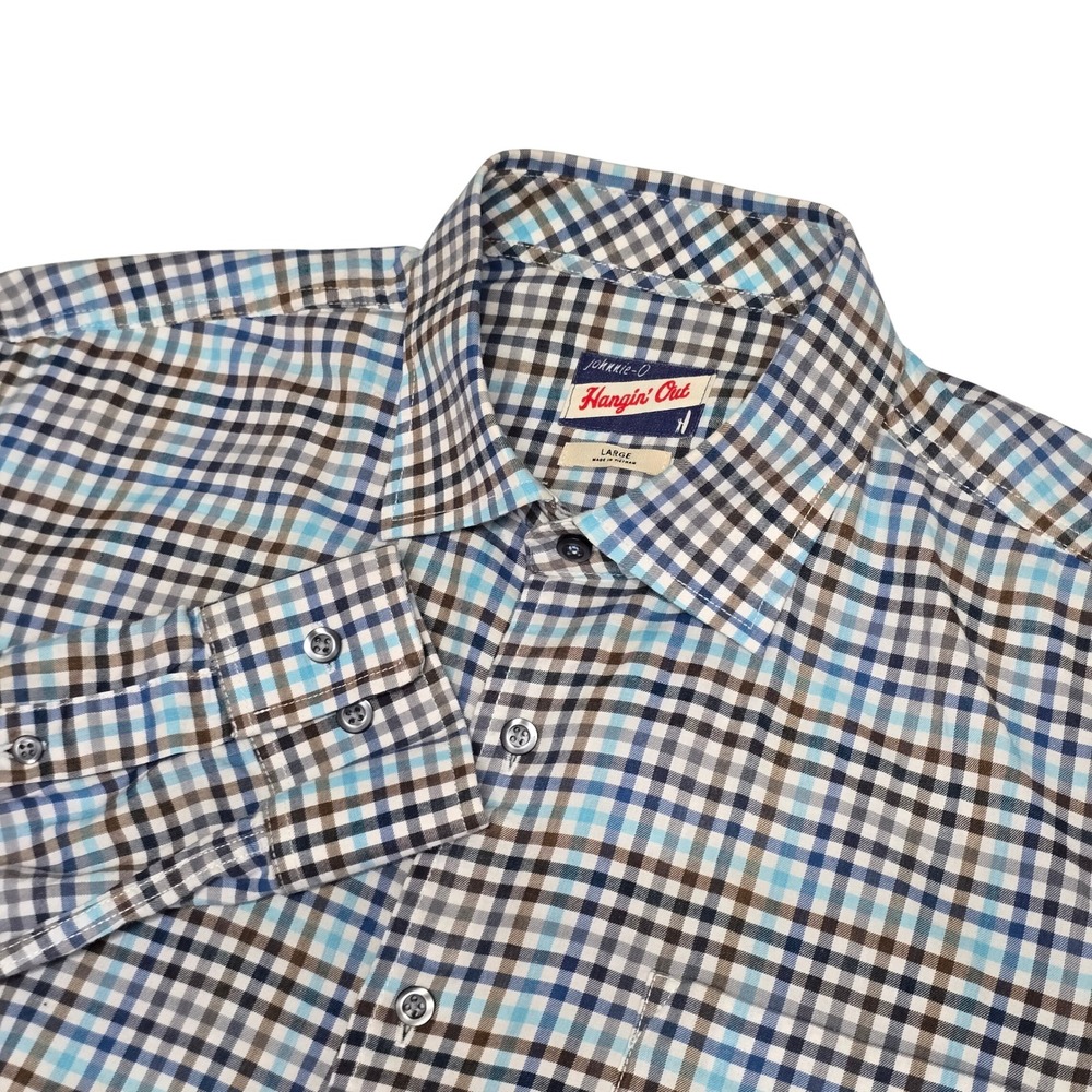 Johnnie-O‎ Hangin Out Button Down Mens Large Blue Brown Plaid Todd